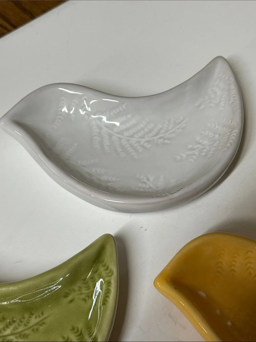 Pottery Barn Ceramic Bird Dove Dishes - Set of 5 White, Olive Green, and Mustard